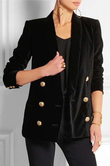 Vrouwen zwarte dubbele breasted blazer fluwelen knoop