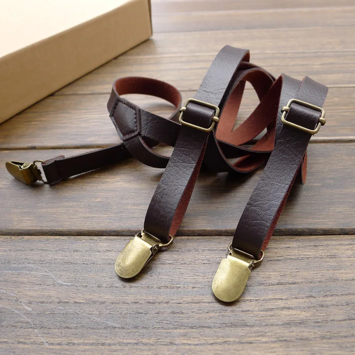 PU leather suspender 4 clips length adjustable narrow suspender free