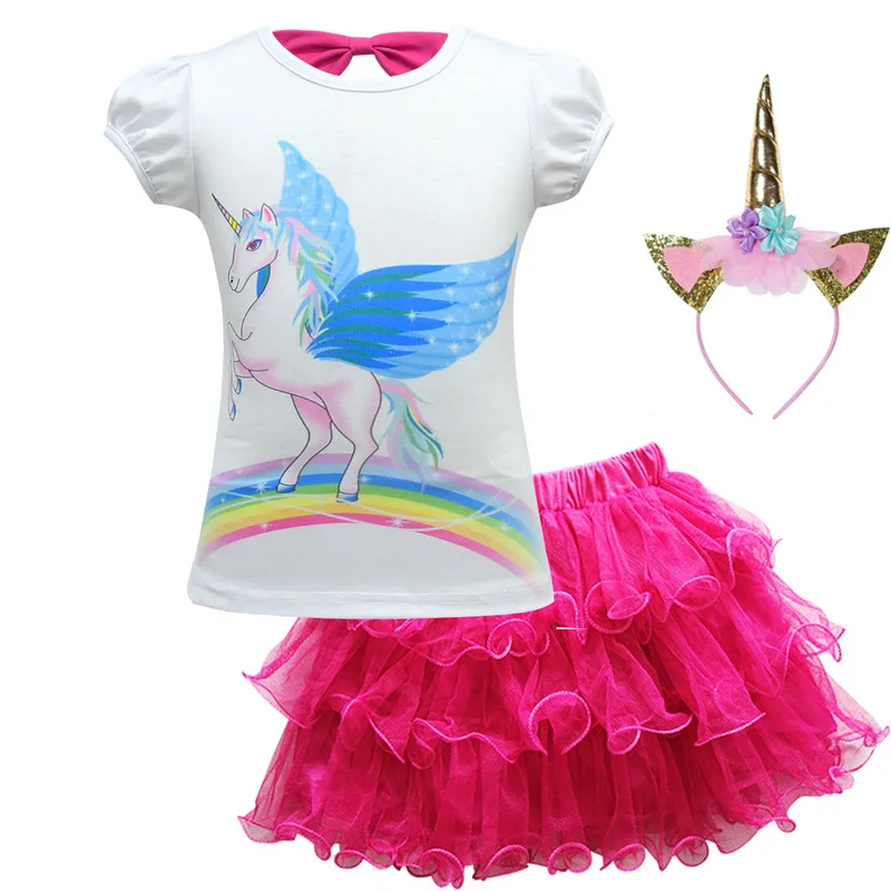 

2019 Girl Clothes Set Baby Princess Short Sleeve Unicorn T-shirt +Tutu Skirt Headband Set Girls Party Kids Two Piece Costume