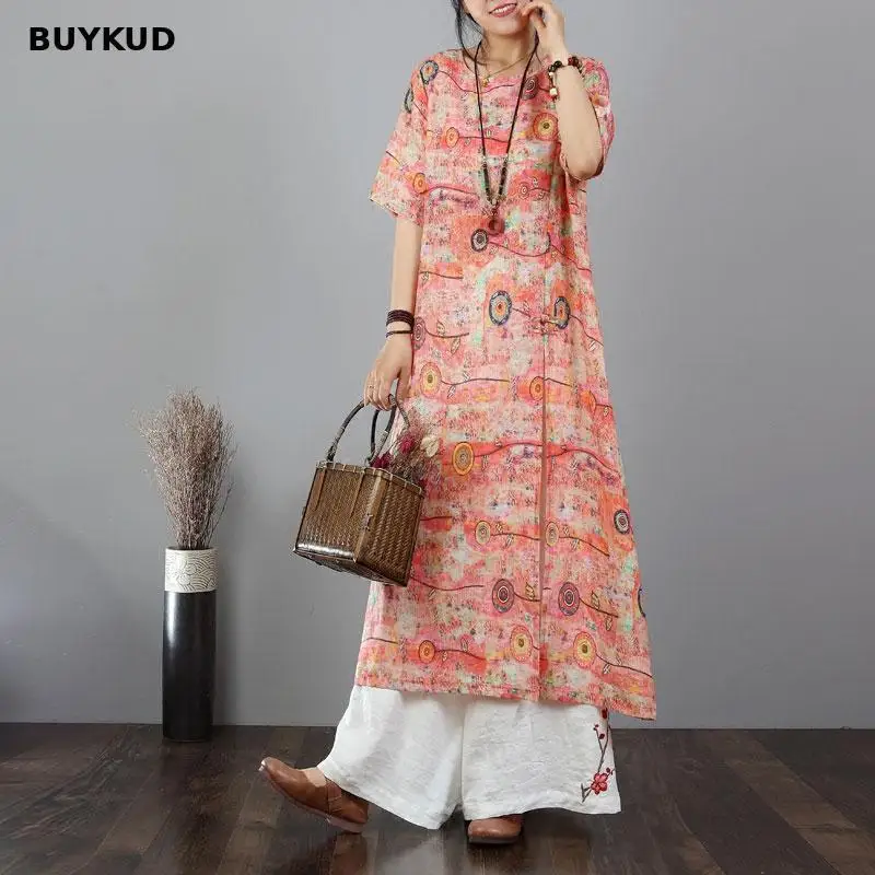 BUYKUD 2018 New Women Short Sleeve Split Round Neck Summer Dress Print Long Plus Maxi | Женская одежда