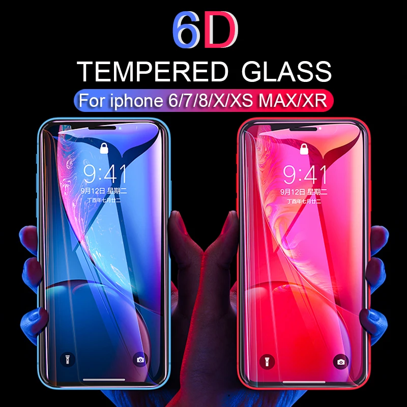 6D protective glass for iPhone 6 7 6S 8 plus X XS MAX XR glass iphone 7 6 8 X XS MAX screen protector glass on iPhone 6 7 8 6S X