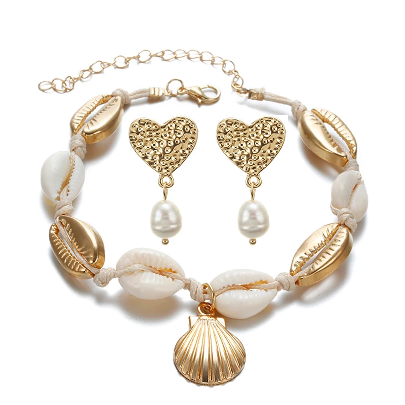 

New Design Shell pearl EArrings+ANklet Geometric Irregular Bohemia Natural Freshwater Pearl Jewelry Set for Women Girl Gift
