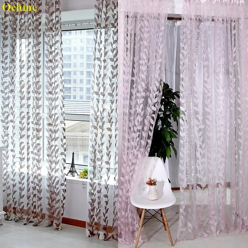 

OCHINE 1M X 2M Door Window Scarf Sheer Leaves Printed Curtain Drape Panel Tulle Voile Valances Romantic Window Curtains Sheer