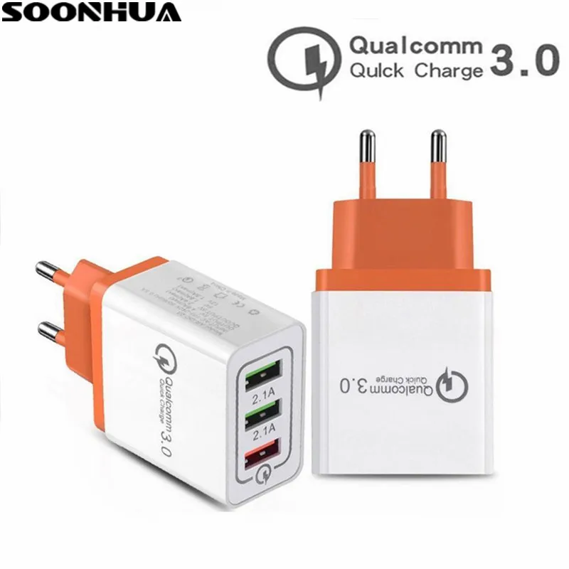 

SOONHUA Colorful 3 Ports USB Charger QC3.0 Mobile Phone Charging Adapter 5V 2.1A Quick Wall Charger Adapter For iPhone Samsung