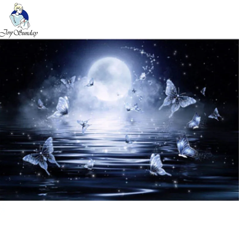 

JoySunday Full Square drill embroidery Cross stitch scenery Diamond mosaic white butterfly 3D DIY Diamond painting moon Light