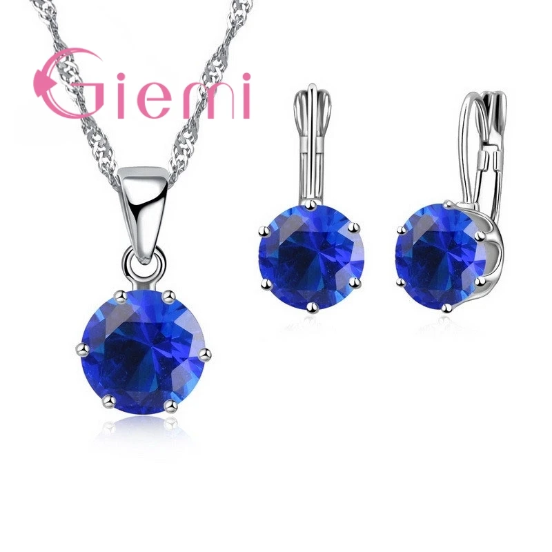Новые Модные Роскошные CZ Ювелирные наборы 925 пробы серебряные серьги+ кулон ожерелье набор для женщин юбилей обручение подарочный набор - Окраска металла: blue