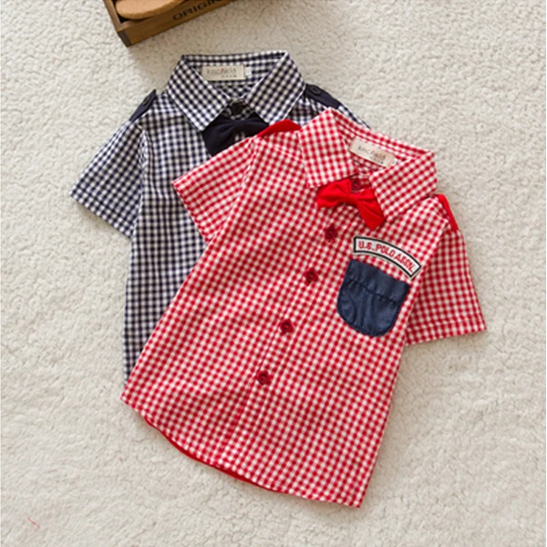 

2017 Newest Boys Button-down Plaid Short Sleeve Shirts Tie Lapel Blouse Tops Age 0-3Y J2