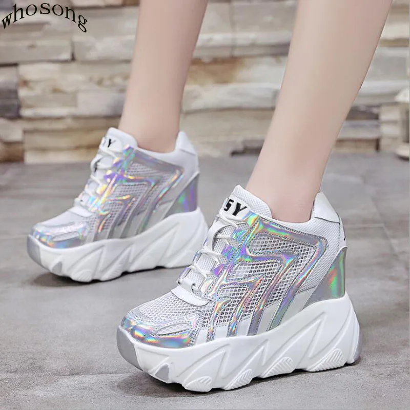 

women's hidden heels 2019 spring new breathable net shoes wedge with muffin bottom casual sports shoes platform sneakers M340