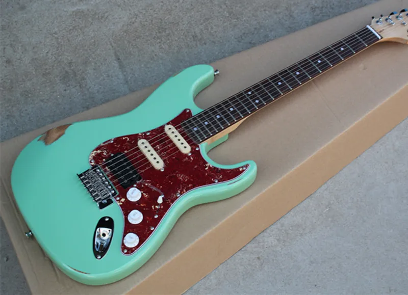 Factory Custom Green Retro Body Electric Guitar with SSH Pickups,Red Pearl Pickguard,Chrome Hardware,Can be customized