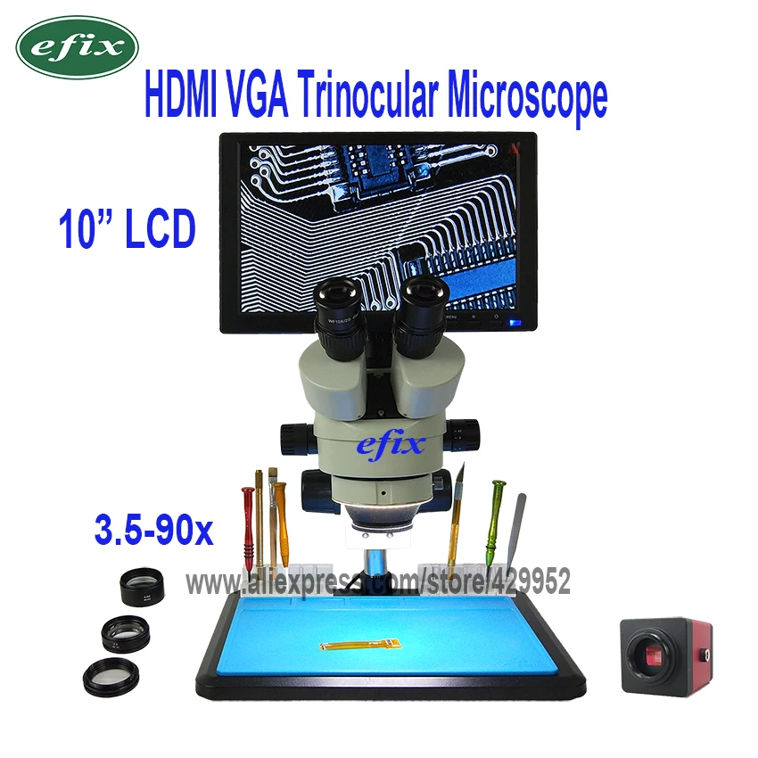 Efix 1" 8" HDMI lcd Тринокулярный паяльный микроскоп стерео зум HD VGA камера с большим верстаком для iPhone Инструменты для ремонта