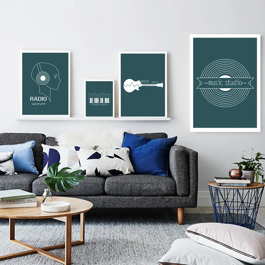 Music Studio Related Creative Wall Art Picture Minimalist Line Drawing Blue Paper Posters&Prints Home Decor Living Room Painting
