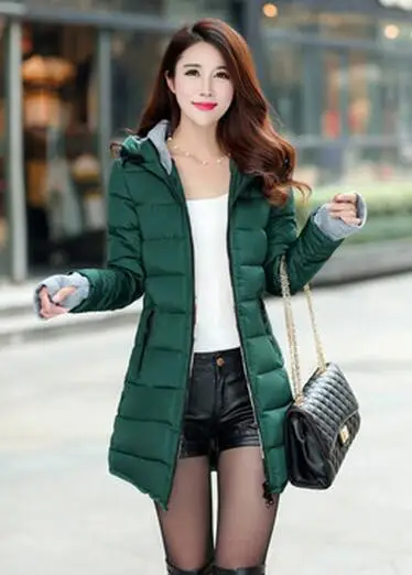 Зимняя парка, Женская куртка с капюшоном, базовое пальто, яркие цвета, тонкая, с хлопковой подкладкой, Длинная Верхняя одежда размера плюс, женские теплые пальто, 4XL - Цвет: Dark green