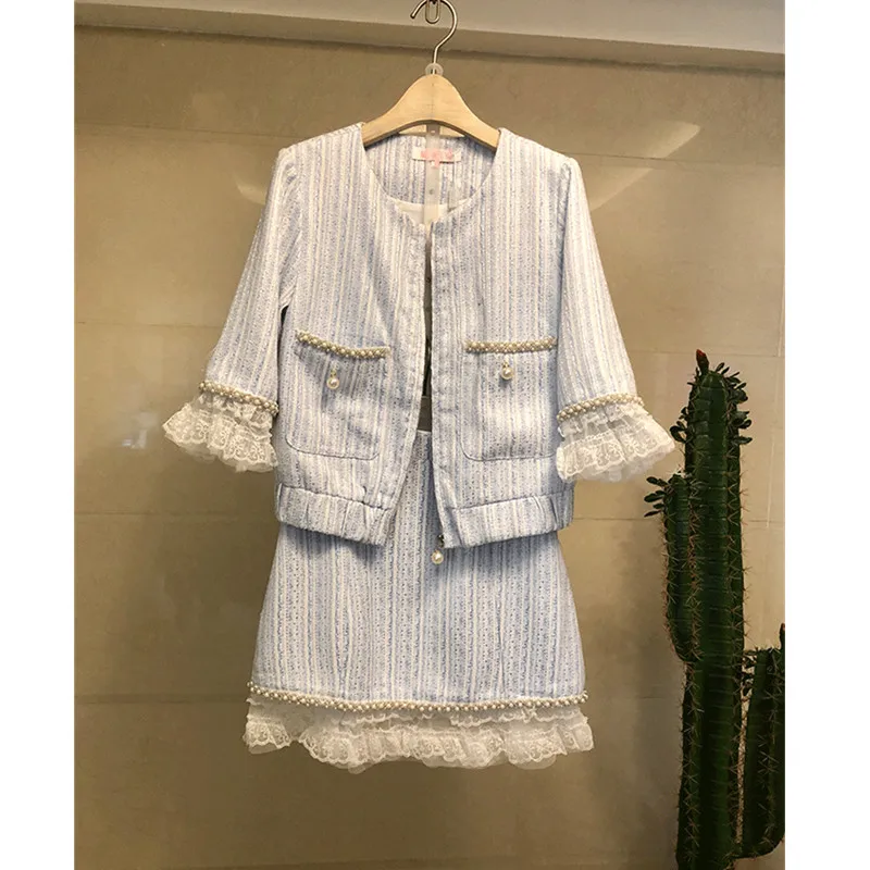 Spring new fashion small fragrance suit female beaded patchwork lace striped ladies style short skirt two-piece sets of tide Spring new fashion small fragrance suit female beaded patchwork lace striped ladies style short skirt two-piece sets of tide