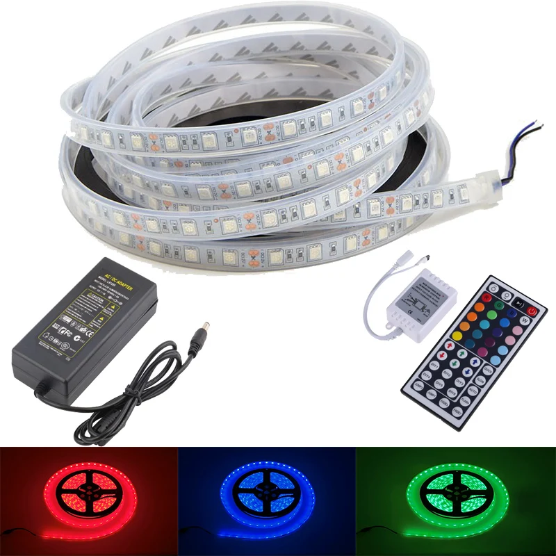

5M 5050 60LED/M IP67 Waterproof RGB LED Strip Diode Tape Tiras Silicon Tube White RGB Remote Controller + DC12V 5A Adapter