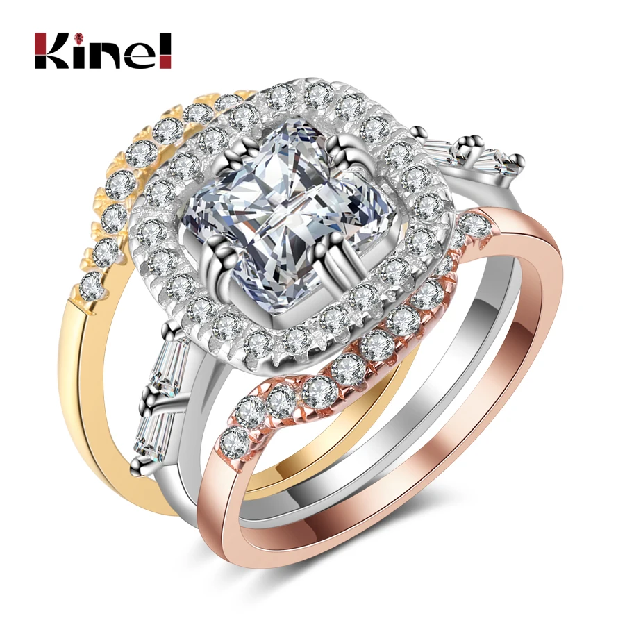 

Kinel New Fashion Love Ring Set For Women 3pcs Mix Colors Filled Big Square CZ Rings Vintage Wedding Jewelry Christmas Gift