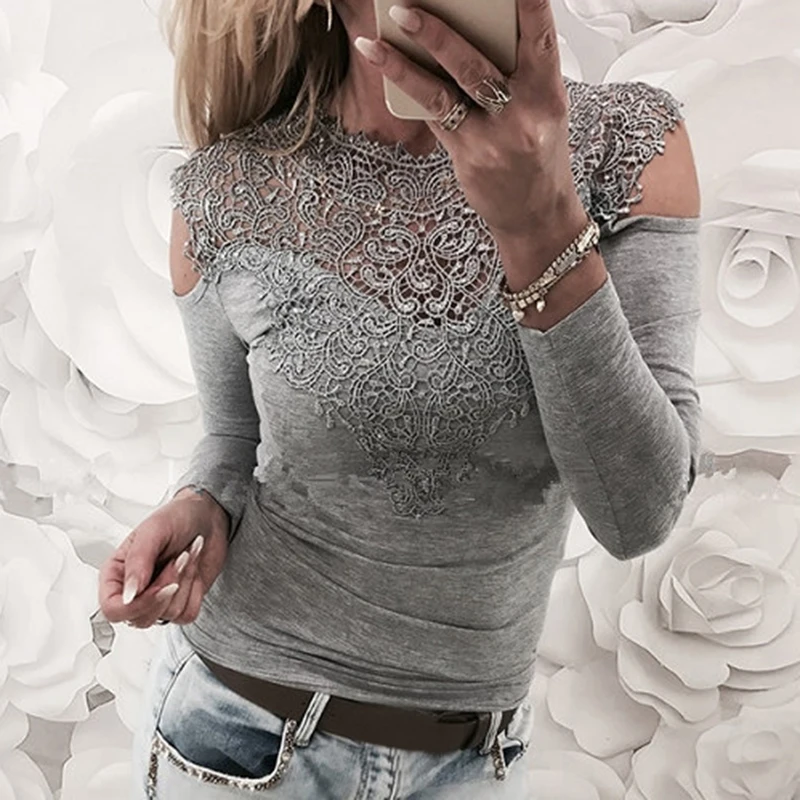 Women Off-shoulder Lace Stitching Tops Slim Casual Hollow Out O Neck T-shirt Sexy Patchwork Women Tee Shirt Tops