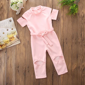 

Infant Kid Baby Girl Toddler Long Overalls Jumpsuit Top Clothes Outfit Solid Color Soft Cotton Hole Children Clothes With Belt