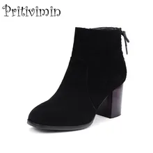 Г. Новая осенне-зимняя женская обувь с перекрестной шнуровкой женские ботильоны из коровьей замши на толстом высоком каблуке, 2 цвета, Нескользящие, Pritivimin FN114