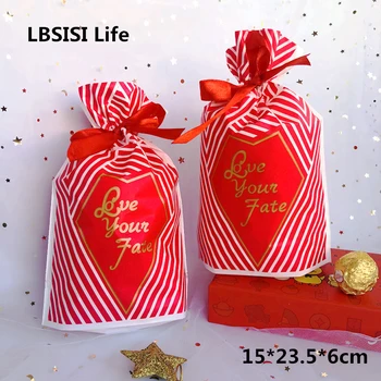 

LBSISI Life 50pcs Plastic Drawstring Bag Red Love You Fate Wedding Cookie Snack Candy Bag Birthday Party Decor Gift Bags