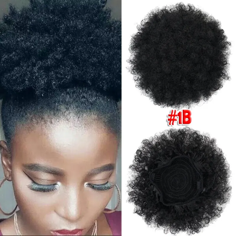 Synthetic Hair Chignon Buns Short afro puff ponytail Chignon Hairpiece Kinky Curly Wrap fake ponytail With drawstring And Clip - Цвет: # 1B