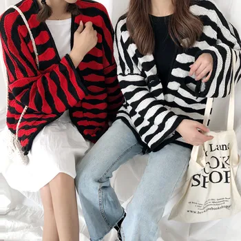 

sweater women spring autumn winter 2018 thin cardigan feminino fashion thin loose stripe black red cardigan sweater female A5110