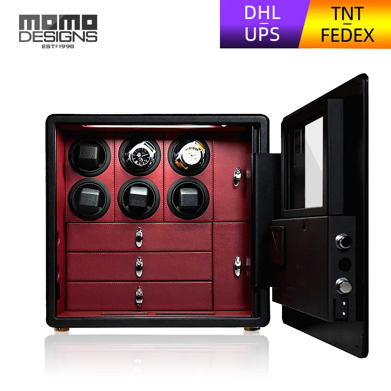 

2017 new design luxury real leather LCD Safe box with 6 watch winder and 3 tray for jewel storage