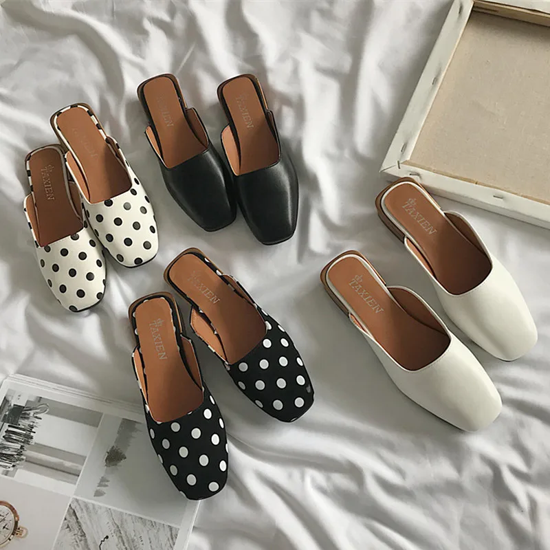 

2018 Spring Summer PU Leather Vintage Toe Women Slippers Sandals Thick Heel Slip on Comfort Lady Leisure Shoes Fashion Home Shoe