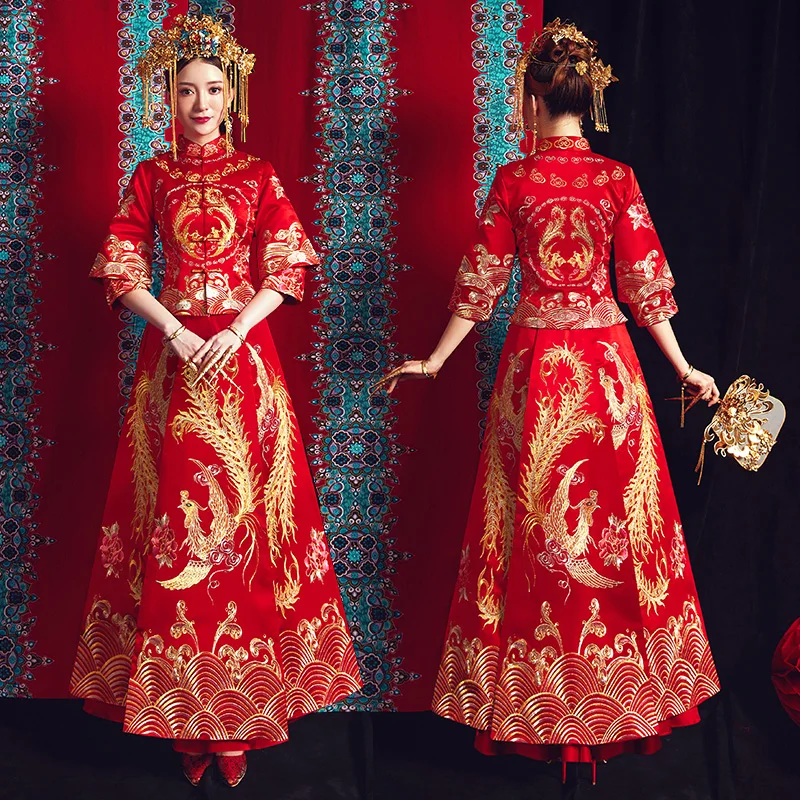 

Chinese Traditional Women Marriage Cheongsam Suit High Quality Embroidery Phoenix Qipao Ancien Bride Wedding Party Dress