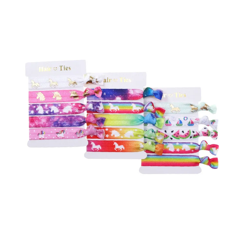 

50 pcs per lot (10 sets) 5/8" unicorn foil fold over elastic hair ties, 5 different designs boutique foe bracelet LC11