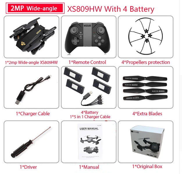 Visuo XS809W XS809HW Квадрокоптер мини складной селфи Дрон с Wifi FPV 0.3MP/2MP камерой удержание высоты RC Дрон Vs JJRC H47 E58 - Цвет: wide 200w XS809HW 4B