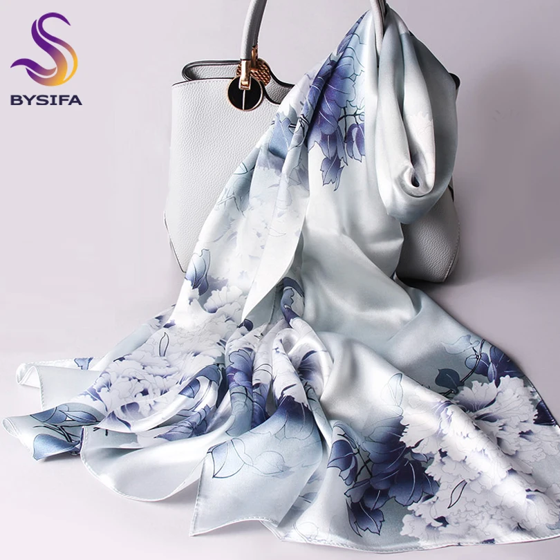 

[BYSIFA] Grey White Water Ink Peony Women Silk Scarf 2018 New Design 100% Pure Silk Long Scarf Shawl Elegant Ladies Neck Scarves