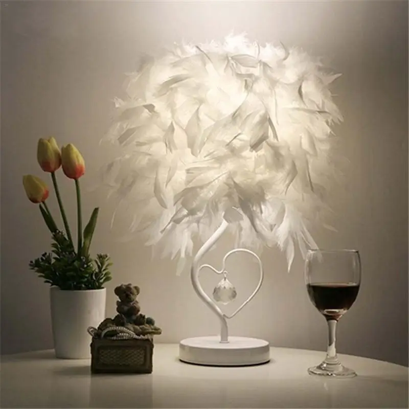

E27 White Color Heart-shaped Feather Crystal LED Table Lamp 3V-250V Bedroom Living Room Exhibition Hall Led Creative Gift Light