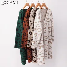 LOGAMI женский леопардовый вязаный длинный кардиган, свитер с длинным рукавом, пальто для женщин, осенняя зимняя верхняя одежда, пальто