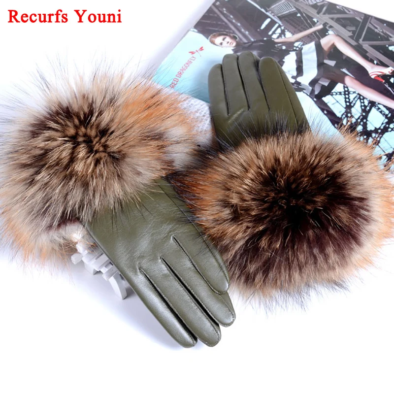 ryg2104-branded-new-woman-genuine-leather-raccoon-fur-gloves-female-european-thin-lining-black-dark-red-arm-green-driving-luvas