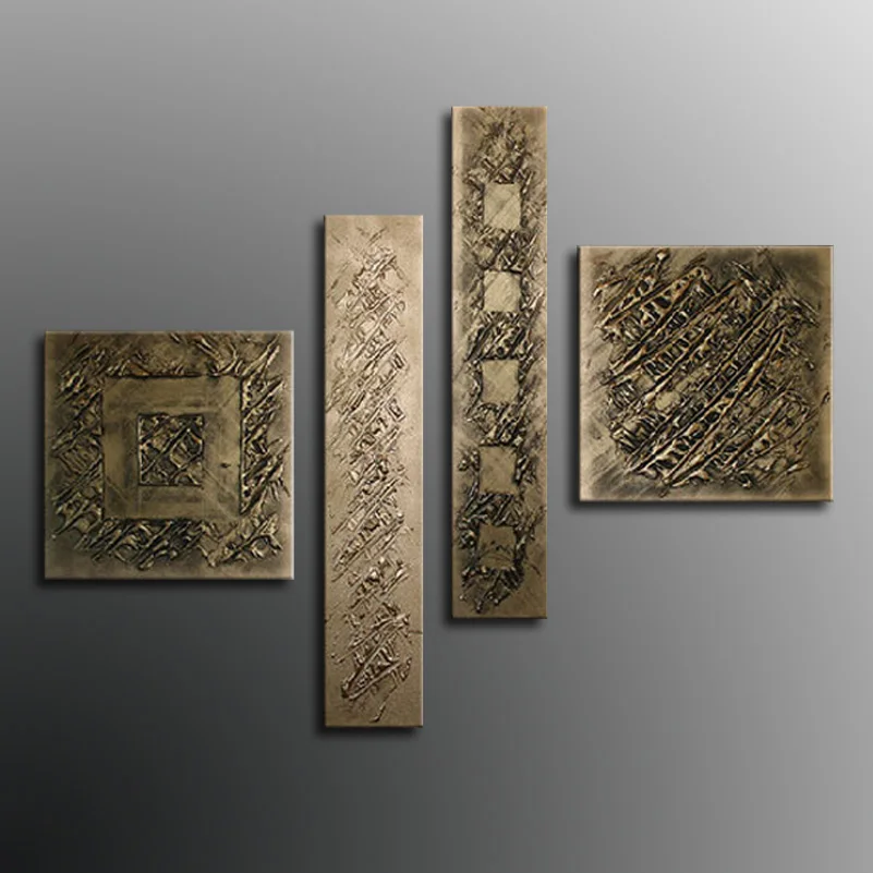 Hand Painted Bronze Color Modern Line Oil Painting On Canvas 4 Panel Arts Sets Home Abstract