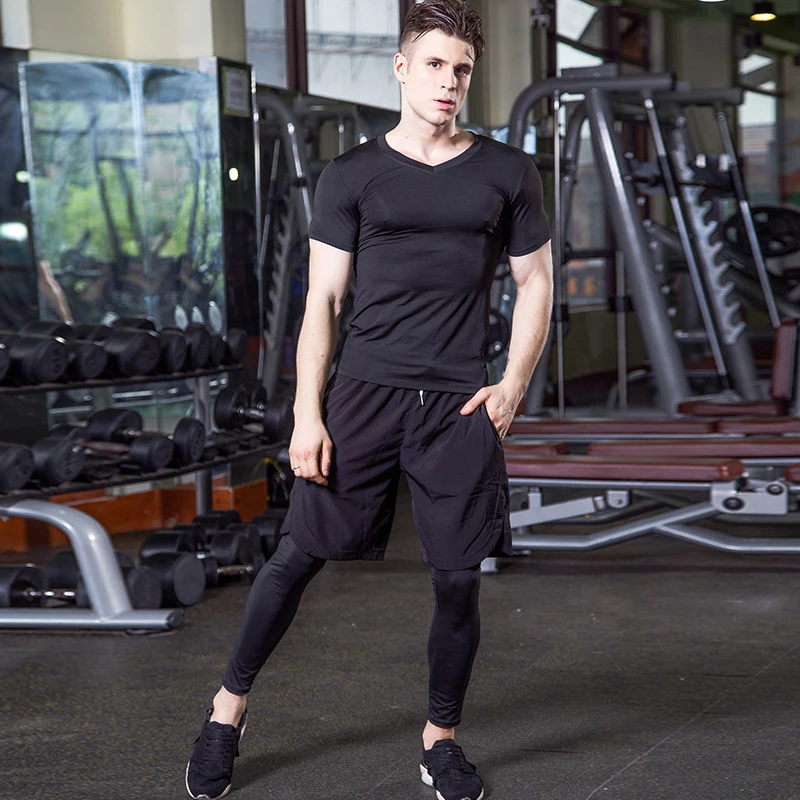

YD New Quick Dry 3 pcs Men Tracksuit Compression Fitness Tights Train Long Sleeve Shirt Pant Male V-Neck Gym Running Sport Suit