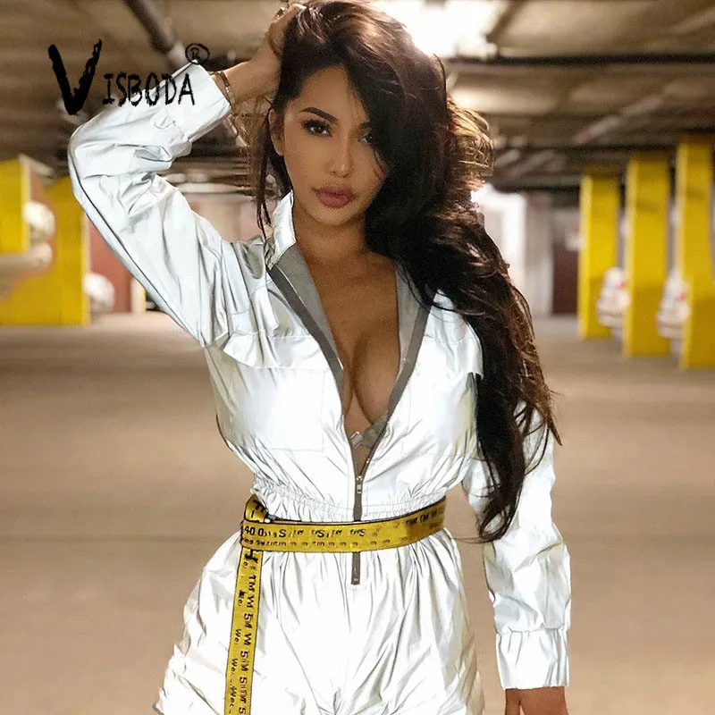 

Women Zipper Jumpsuit Loose Reflective Long Sleeve Overalls Fashion 2019 Summer Female Pocket Shine One Pieces Cool Playsuit