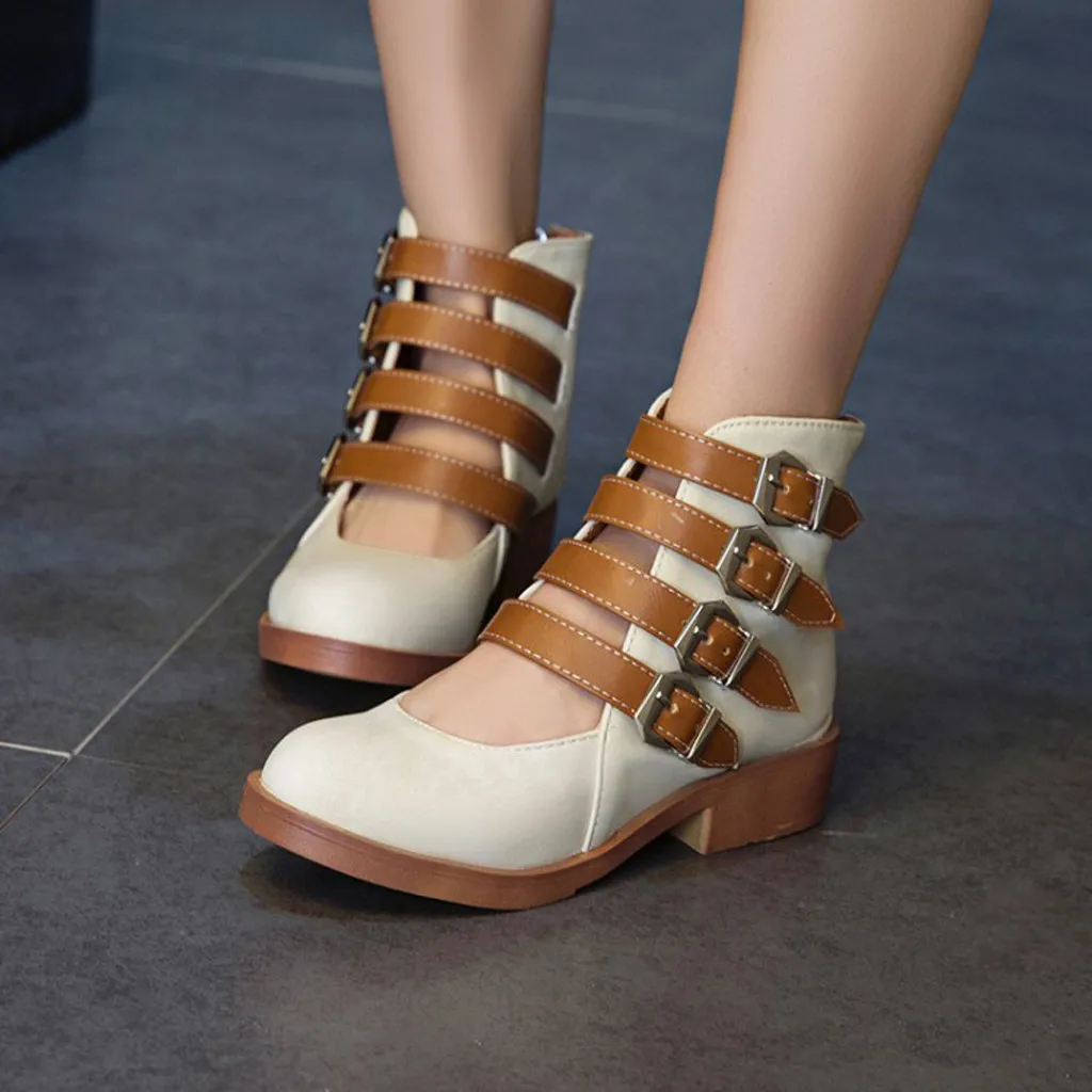 

Low Square Heels Four-breasted Buckle Boots Women Summer Retro Style Ankle Buckle Back Zipper Fashion Cool Girls Roman Shoes