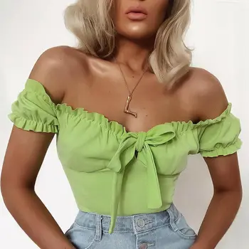 

2019 Summer Women Off Shouler Short Sleeve Bodysuit Stretch Ruffles V-neck Bow Bodycon Playsuit Women Short Rompers