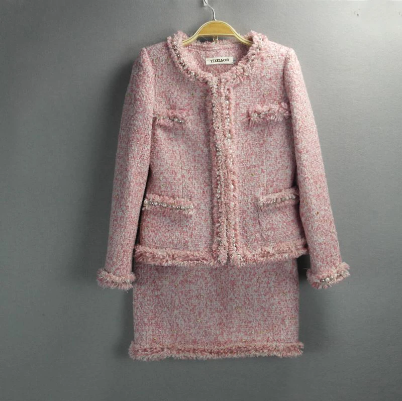 Розовый твидовый пиджак+ юбка костюмы ручной работы из бисера весна / осень / зима Женское пальто новая юбка из 2-х частей костюм женские куртки