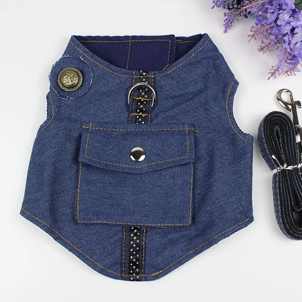 

Denim Dog Vest Harness Leash Set Jeans Dog Clothes Vest Coat For Small Medium Dogs Wear Teddy Terrier Puppy Pet Supplies Pitbull