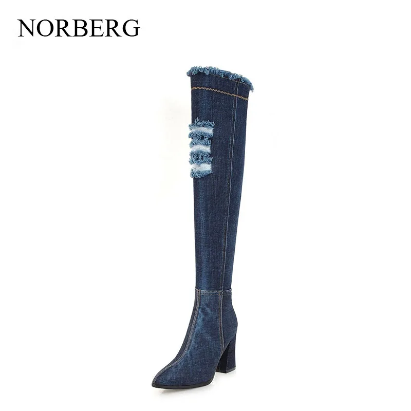 

2019 Fashion denim Fabric Sock Boots Pointy Toe Over-the-Knee Heel Thigh High Pointed Toe Woman Boot Women casual shoes
