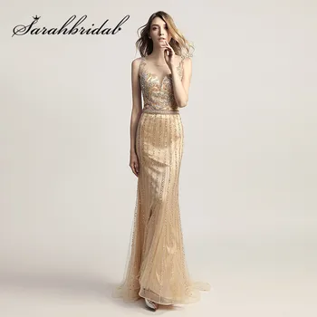 

Exquisite Champagne Evening Dresses 2019 Mermaid Floor Length Sequined Beaded Sexy Illusion Back Zipper Prom Party Gowns CC468