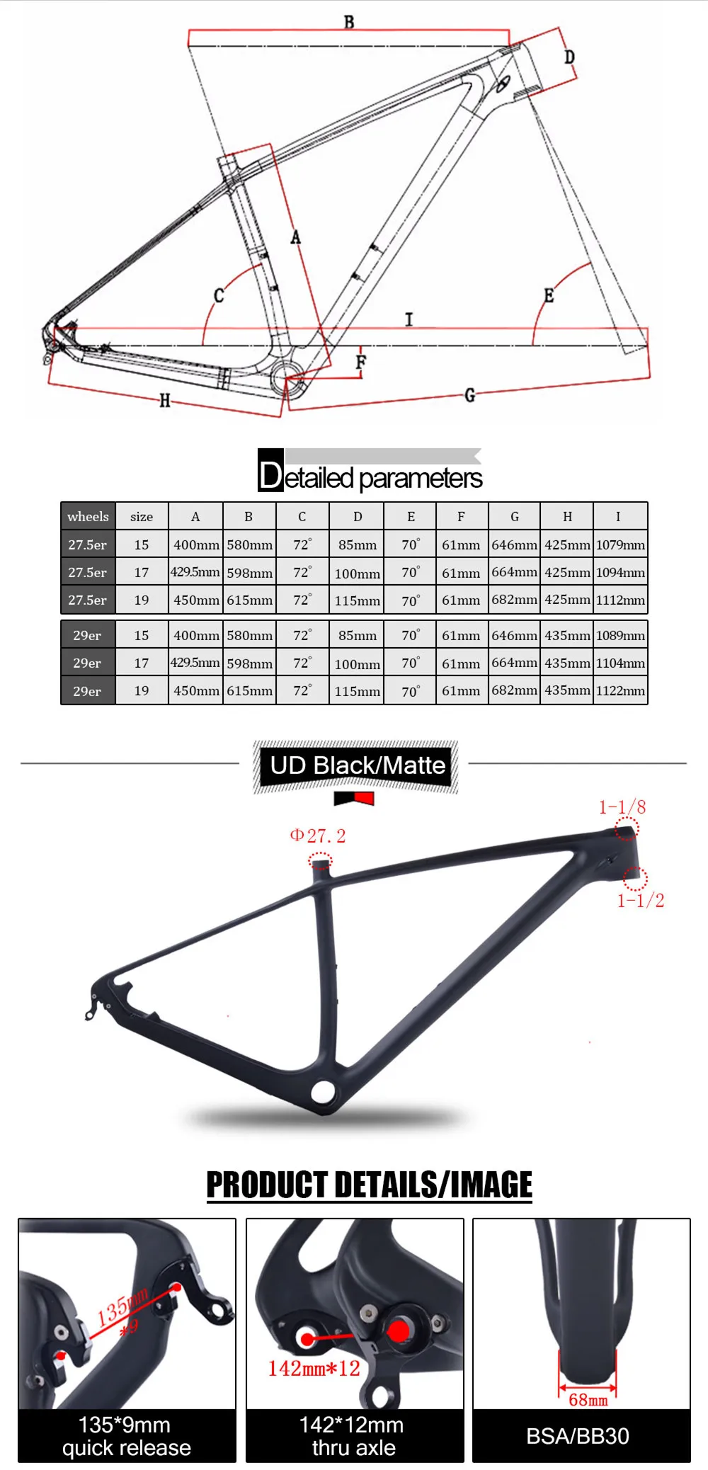 Discount 2017 carbon MTB frame 27.5er/29 Mountain bicycle frameset 142*12mm thru AXle frame UD carbon mountain bike frame 650B/29ER 0