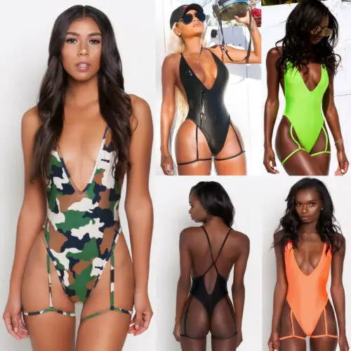 

2019 New Sexy Deep V Backless One Piece Swimsuit Women Swimwear Thighs Camouflage Printed Women Bathing Suit