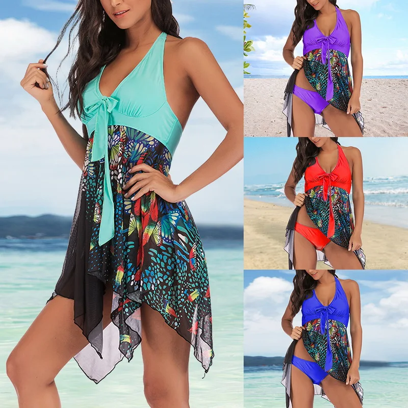 

Women Mesh Printed Halter Bikini Dress Set 2019 New Summer Plus Size 2pcs Bathing Suit Swimwear Racerback Swimsuit Beach Dress