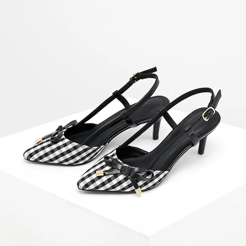 

Shoes Woman Mixed Color Pointed Toe Sandals Summer High Heels Shoes Fashion Hollow Buckle Slides Bow Knot Pumps Sandalias Mujer