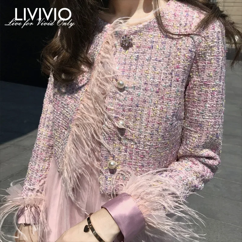 [LIVIVIO] розовая Милая Короткая куртка с длинным рукавом и перламутровыми пуговицами, Женское пальто, осенняя Женская Новая корейская модная одежда