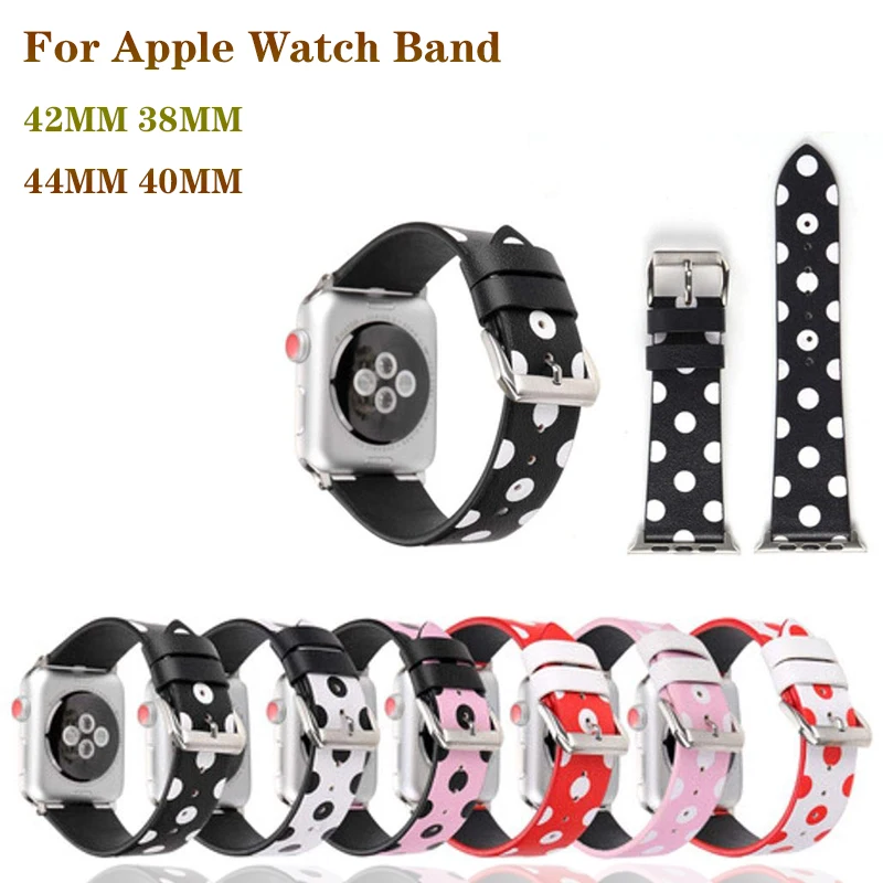 

Genuine Leather Bracelet Strap for apple watchband 4 44/40mm Lovely Polka Dots Pattern wristband for iWatch series 3/2/1 42/38mm