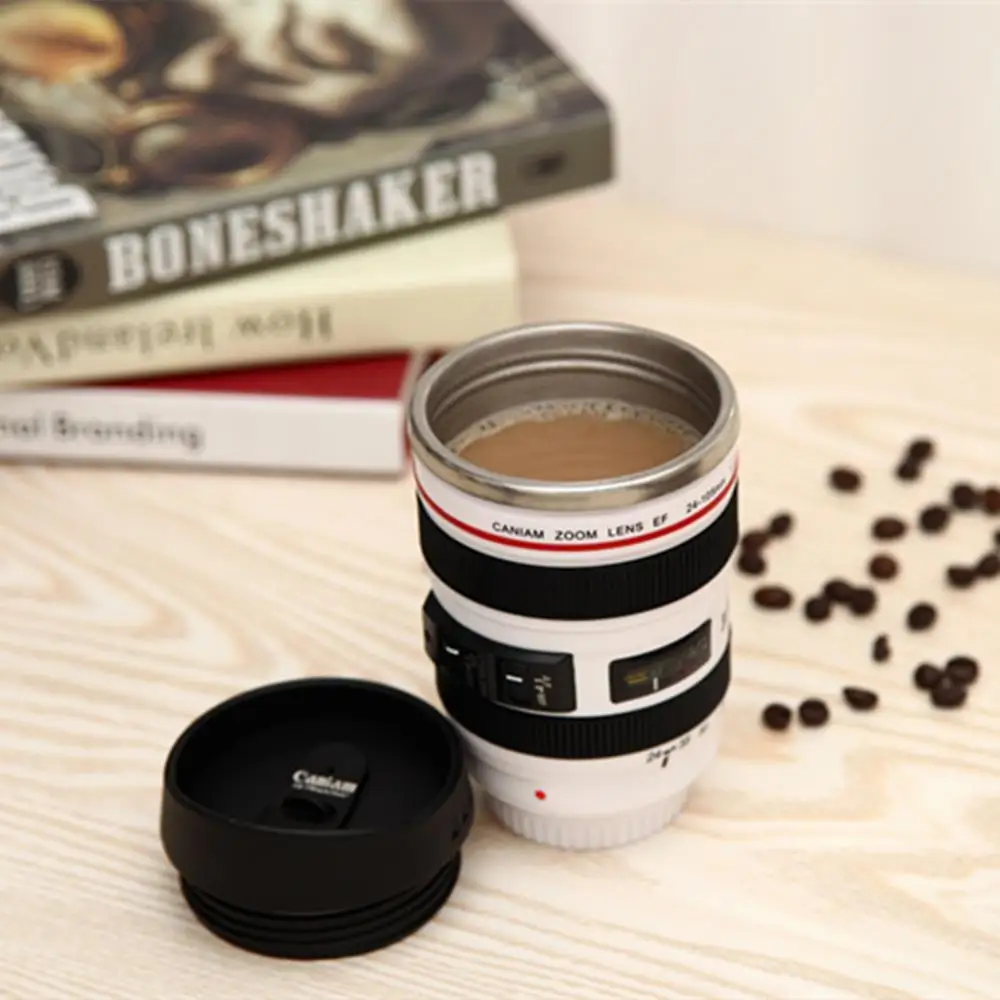 400ML Creative Camera Lens Mug Plastic Coffee Tea Cup With Lid Thermocup Thermomug Stainless Steel liner Vacuum Flasks Gifts - Цвет: white